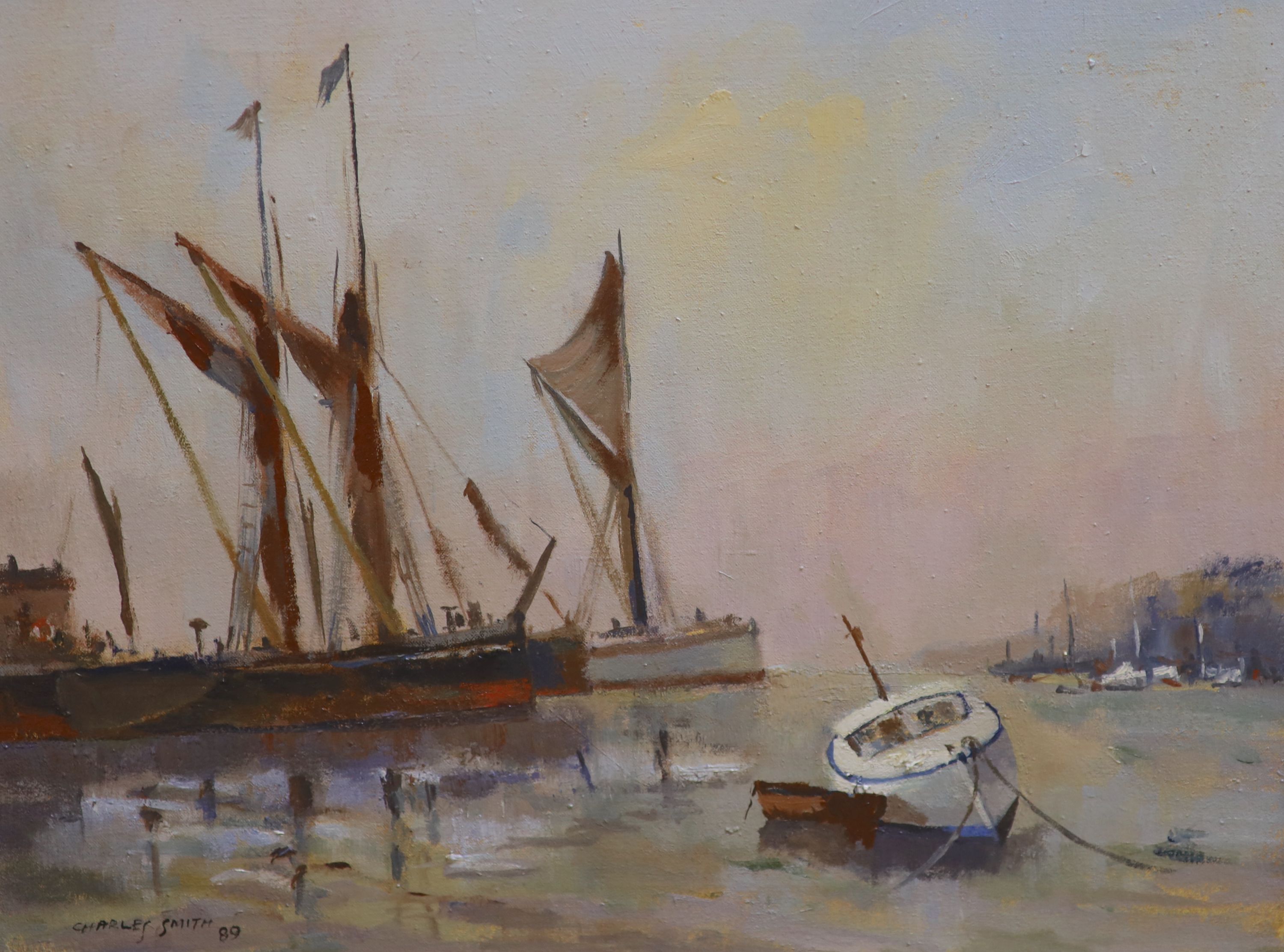 Charles Smith (Wapping Group), two oils on board, 'Bugbys, Greenwich Reach' and 'Barges at Pin Mill, Suffolk', signed 35 x 45cm